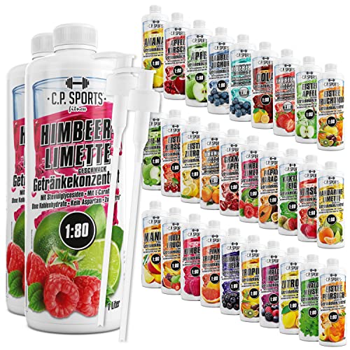 C.P. Sports Getränkesirup für Mineraldrink I Sirup zuckerfrei für Vital-Drink HIMBEER-LIMETTE mit Vitaminen I Getränkekonzentrat zum Mischen mit Wasser für Sport-Getränk I 2 Liter + 2 Pumpspender von C.P.Sports