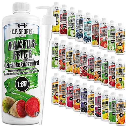 C.P. Sports Getränkesirup für Mineraldrink I Sirup zuckerfrei für Vital-Drink KAKTUSFEIGE mit Vitaminen I Getränkekonzentrat zum Mischen mit Wasser für Sport-Getränk I 1 Liter + Pumpspender von C.P.Sports