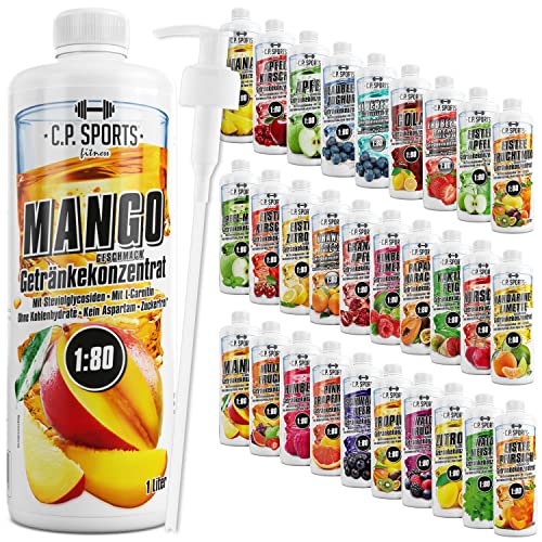 C.P. Sports Getränkesirup für Mineraldrink I Sirup zuckerfrei für Vital-Drink MANGO mit Vitaminen I Getränkekonzentrat zum Mischen mit Wasser für Sport-Getränk I 2 Liter + 2 Pumpspender von C.P.Sports