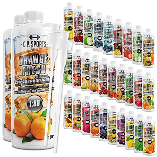 C.P. Sports Getränkesirup für Mineraldrink I Sirup zuckerfrei für Vital-Drink ORANGE-FRESH mit Vitaminen I Getränkekonzentrat zum Mischen mit Wasser für Sport-Getränk I 2 Liter + 2 Pumpspender von C.P.Sports