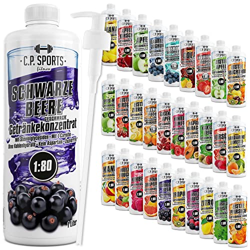 C.P. Sports Getränkesirup für Mineraldrink I Sirup zuckerfrei für Vital-Drink SCHWARZE BEERE mit Vitaminen I Getränkekonzentrat zum Mischen mit Wasser für Sport-Getränk I 1 Liter + Pumpspender von C.P.Sports