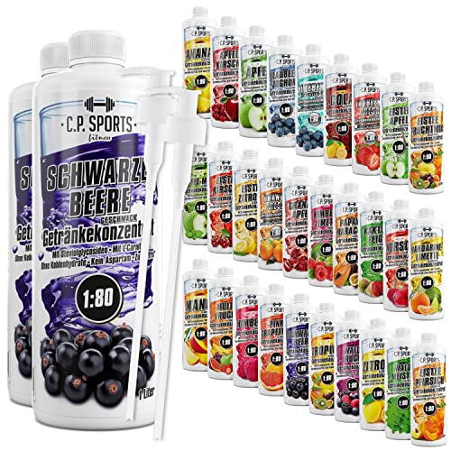 C.P. Sports Getränkesirup für Mineraldrink I Sirup zuckerfrei für Vital-Drink SCHWARZE BEERE mit Vitaminen I Getränkekonzentrat zum Mischen mit Wasser für Sport-Getränk I 2 Liter + 2 Pumpspender von C.P.Sports