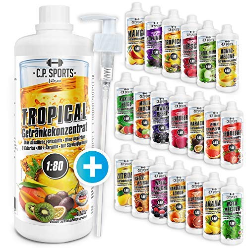 C.P. Sports Getränkesirup für Mineraldrink, Sirup zuckerfrei für Vital-Drink TROPICAL mit Vitaminen, Getränkekonzentrat zum Mischen mit Wasser für Sport-Getränk, 1 Liter + Pumpspender von C.P.Sports