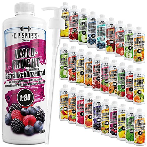 C.P. Sports Getränkesirup für Mineraldrink I Sirup zuckerfrei für Vital-Drink WALDFRUCHT mit Vitaminen I Getränkekonzentrat zum Mischen mit Wasser für Sport-Getränk I 1 Liter + Pumpspender von C.P.Sports