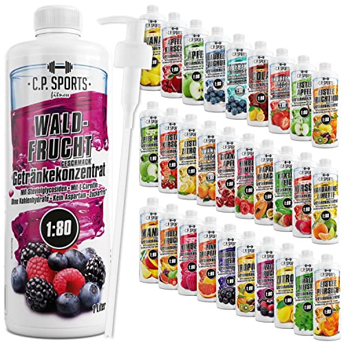 C.P. Sports Getränkesirup für Mineraldrink I Sirup zuckerfrei für Vital-Drink WALDFRUCHT mit Vitaminen I Getränkekonzentrat zum Mischen mit Wasser für Sport-Getränk I 1 Liter + Pumpspender von C.P.Sports