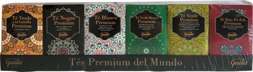 CAFES GUILIS DESDE 1928 AMANTES DEL CAFE Premium-Tees aus aller Welt 6er-Pack Teesorten Roter Tee Pu-Erh, Grüner Tee, Grüner Tee Minze, Weißer Tee, Schwarzer Tee, Grüner Tee Vanille. von CAFES GUILIS DESDE 1928 AMANTES DEL CAFE