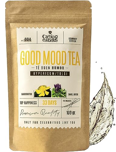 Good Mood Tea - Natürlicher Stimmungsaufheller - Stress Management & Entspannung - Kräutertee mit Johanniskraut, Grüner tee Lose, Salbei, weißer Tee, Tulsi, Vanille, Rosenblüten - 100g von CAMINO DE CABRAS