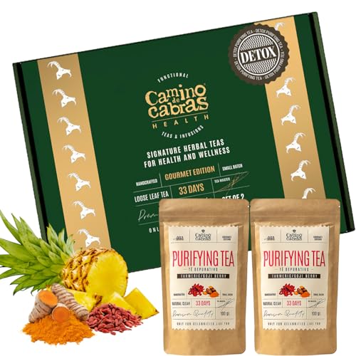 GESCHENKSET DETOX TEE Leber Kur Abnehmen Schnell & Fettverbrenner - Grüner Tee Lose, Löwenzahn, Kurkuma, Ingwer, Goji Beeren, Schachtelhalm, Ananas – Kräutertee - Tee Box 2x100g von CAMINO DE CABRAS