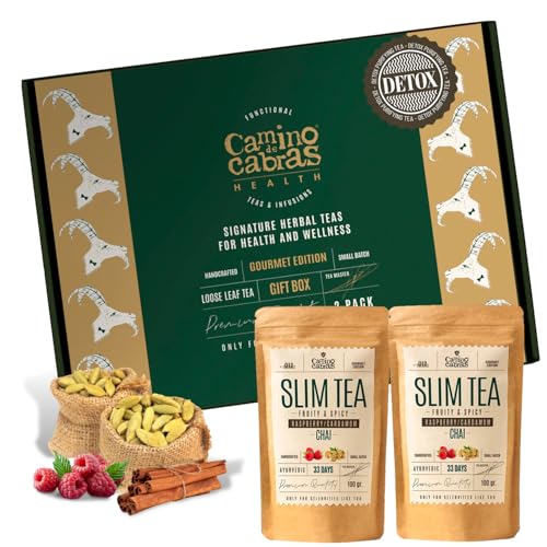 Slim Tea Geschenkset - Authentisches Masala Chai aus Indien, Lose Schwarzer Tee Assam mit Ingwer, Kurkuma, Pfeffer, Zimt, Himbeere, Kardamom - Chai Tee, 2x100g Geschenkbox - Ideal für Chai Latte von CAMINO DE CABRAS