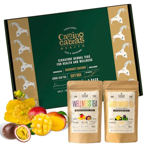 TEE SET GESCHENK - Gute Laune Tee & Detox Tee - Wellness Geschenke für Frauen & Männer - Grüner Tee Lose, Weißer Tee, Johanniskraut, Salbei, Kurkuma, Tulsi - Kräutertee - Tee Box 2x100g von CAMINO DE CABRAS