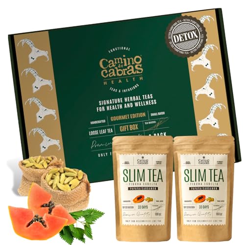 Tee Geschenkset SLIM TEA - Abnehmen Schnell & Fettverbrenner - Grüner Tee lose, Mate, Ingwer, Löwenzahn, Hibiscus, Schachtelhalm, Brennessel, Papaya, Kardamom, 100% Natürlich Teeset 2x 100g von CAMINO DE CABRAS