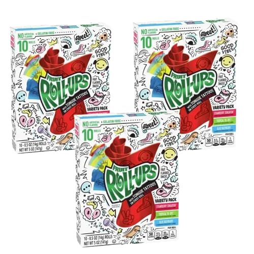 CANDYBOX Betty Crocker Fruit Roll Up - Frucht-Snacks - Fruchtrollen für Kinder und Erwachsene - Fruchtgummi-Rolle - Fruchtgelees - Geschmack Erdbeere, Tropical und Himbeere - 3 Stück, 3x 141g von Dttra