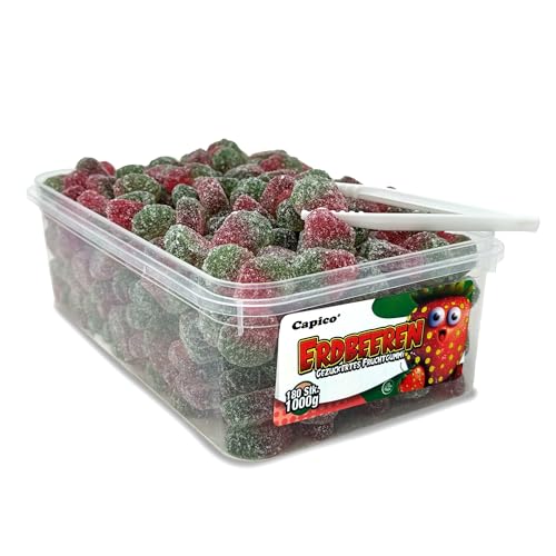 Capico Erdbeeren gezuckertes Fruchtgummi (1000g) in Dose, Halal von Tise Süsswaren