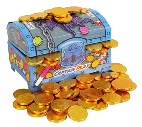 CAPTAIN PLAY Schatztruhe mit Goldmünzen Schokolade, Kindergeburtstag Süßigkeiten, 700g Goldmünzen essbar von CAPTAIN PLAY