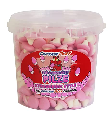 CAPTAIN PLAY Schaumzucker Pilze Erdbeere, 500g Party Bucket Süßigkeiten Großpackung mit leckeren Retro Süßigkeiten von CAPTAIN PLAY