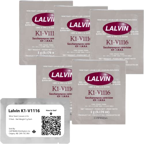 Lalvin K1-V1116 Weinhefe (5 Pack) - Hefe für Met - Machen Sie Wein Met Apfelwein Kombucha zu Hause - 5 g Beutel - Saccharomyces cerevisiae - Verkauft von CAPYBARA Distributors Inc. von CAPYBARA Distributors Inc.
