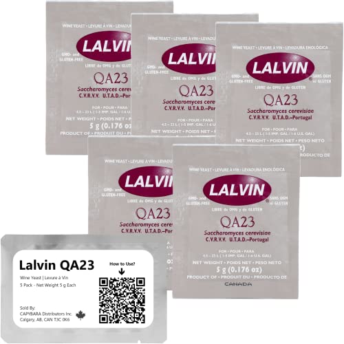 Lalvin QA23 Weinhefe (5 Pack) - Hefe für Met - Machen Sie Wein Met Apfelwein Kombucha zu Hause - 5 g Beutel - Saccharomyces cerevisiae - Verkauft von CAPYBARA Distributors Inc. von CAPYBARA Distributors Inc.