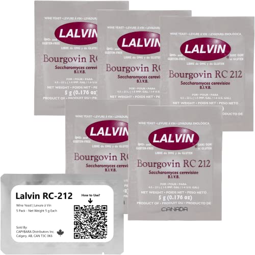 Lalvin RC-212 Weinhefe (5 Pack) - Hefe für Met - Machen Sie Wein Met Apfelwein Kombucha zu Hause - 5 g Beutel - Saccharomyces cerevisiae - Verkauft von CAPYBARA Distributors Inc. von CAPYBARA Distributors Inc.