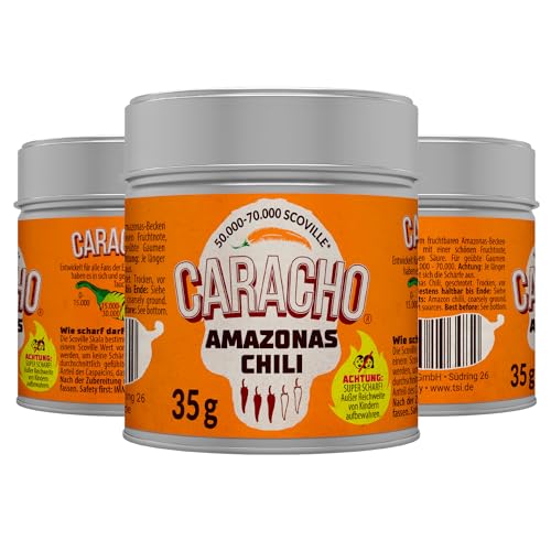 CARACHO 10er Pack x 35g Chili Amazonas Chiliflocken - Premium 100% Scharfes Chillipulver in Metal Gewürz Dose/Scoville: 50.000-70.000 / Vorteilspack von CARACHO