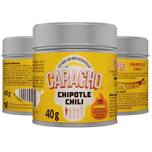 CARACHO 10er Pack x 40g Chili Chipotle Chiliflocken geschrotet - Premium 100% Scharfes Chillipulver in Metal Gewürz Dose/Scoville: 15.000-20.000 / Chili-Spezialität von CARACHO