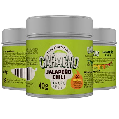 CARACHO 10er Pack x 40g Grünes Chili Jalapeno Pulver geschrotet/gemahlen - Premium 100% Scharfes Chillipulver in Metal Gewürz Dose/Scoville: 15.000 / 400g Vorteilspack von CARACHO