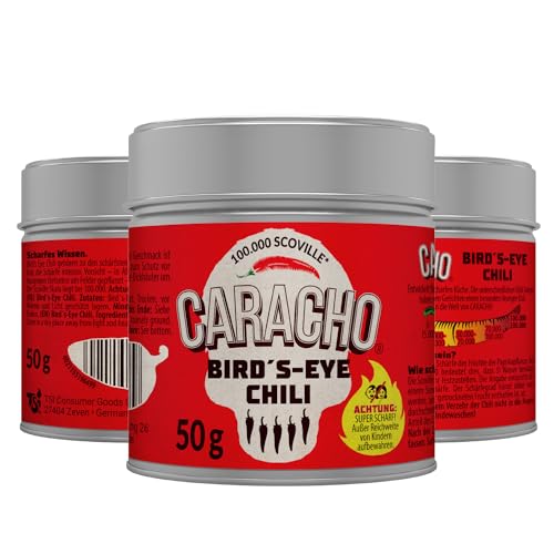 CARACHO 10er Pack x 50g Bird Eye Chiliflocken - 100% Extrem Scharf - Chillipulver in Metal Gewürz Dose/Scoville: 100.000-200.000 / Vorteilspack von CARACHO