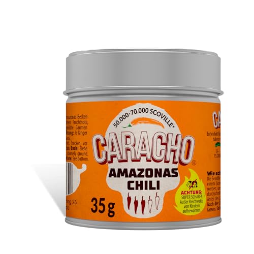 CARACHO 35g Chili Amazonas Chiliflocken geschrotet - Premium 100% Scharfes Chillipulver in Metal Gewürz Dose/Scoville: 50.000-70.000 / Chili-Spezialität von CARACHO