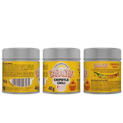 CARACHO 3er Pack x 40g Chili Chipotle Chiliflocken geschrotet - Premium 100% Scharfes Chillipulver in Metal Gewürz Dose/Scoville: 15.000-20.000 / Chili-Spezialität von CARACHO