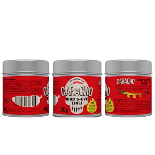 CARACHO 3er Pack x 50g Bird Eye Chiliflocken - 100% Extrem Scharf - Chillipulver in Metal Gewürz Dose/Scoville: 100.000-200.000 von CARACHO