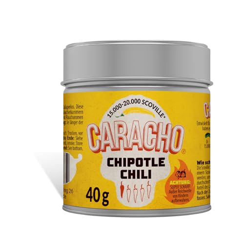 CARACHO 40g Chili Chipotle Chiliflocken geschrotet - Premium 100% Scharfes Chillipulver in Metal Gewürz Dose/Scoville: 15.000-20.000 / Chili-Spezialität von CARACHO