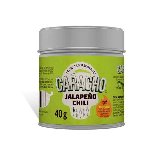 CARACHO 40g Grünes Chili Jalapeno Chiliflocken geschrotet/gemahlen - Premium 100% Scharfes Chillipulver in Metal Gewürz Dose/Scoville: 15.000 von CARACHO