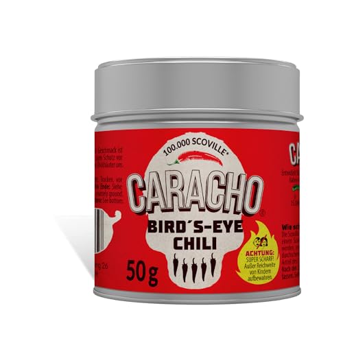 CARACHO 50g Bird Eye Chiliflocken - 100% Extrem Scharf - Chillipulver in Metal Gewürz Dose/Scoville: 100.000-200.000 / Chili Spezialität von CARACHO