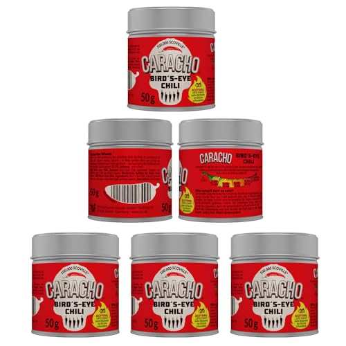 CARACHO 5er Pack x 50g Bird Eye Chiliflocken - 100% Extrem Scharf - Chillipulver in Metal Gewürz Dose/Scoville: 100.000-200.000 / Vorteilspack von CARACHO