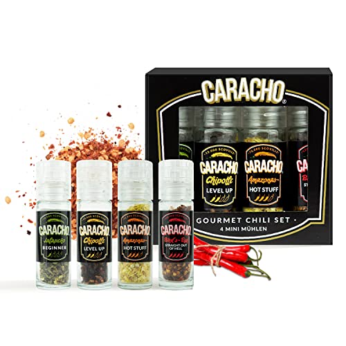 CARACHO Chili Mühlen Set, 4 Mini Mühlen im Geschenkset, Hochwertige Chilis mit verschiedenen Schärfegraden, Chili Gewürz-Set, Chiliflocken in Mühlen von CARACHO