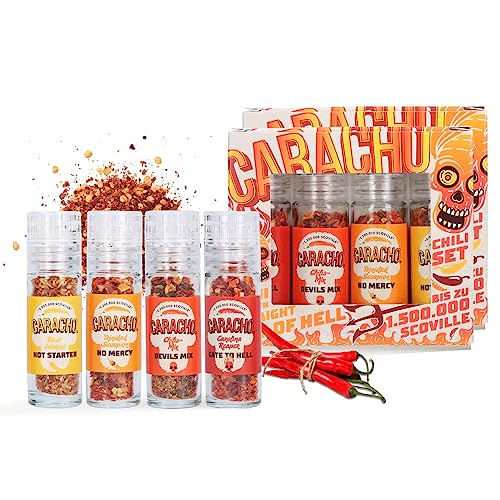 CARACHO Chilimühle Set, 2er Pack, Superhot Vol. 2, Scharfes Chili Gewürze Geschenkset, Extra scharfe Sorten von 1-1,5 Mio Scoville (4 Mühlen in einer Schachtel) von CARACHO