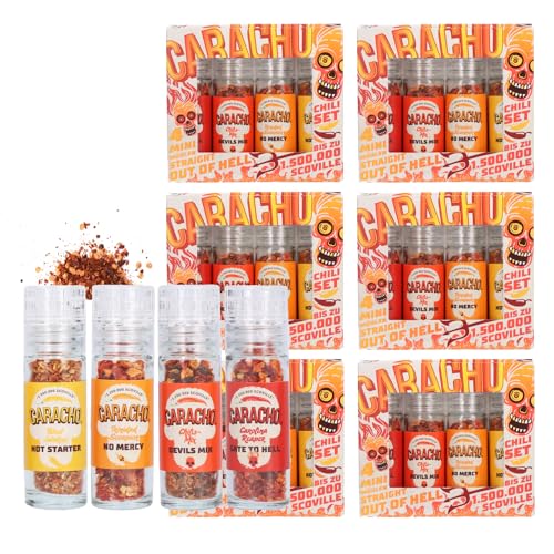 CARACHO Chilimühle Set, 6er Vorteilspack, Superhot Vol. 2, Besonderes Chili Set, Scharfes Chili Gewürze Geschenkset für Männer & Frauen & Schärfeliebhaber von CARACHO