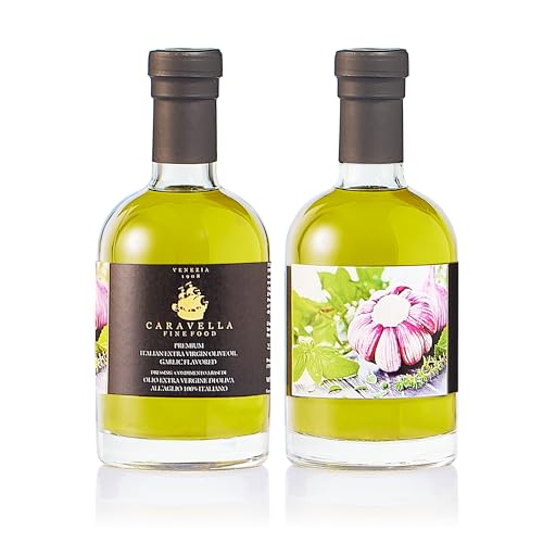 Caravella Fine Food Olivenöl Extra natives mit Knoblauch 250 ml Würze kaltgepresst aus Venedig – Anticholesterin Vitamin E & Antioxidantien – Perfekt zum Beträufeln Grillen BBQ Kochen Dressing Dippen von CARAVELLA FINE FOOD