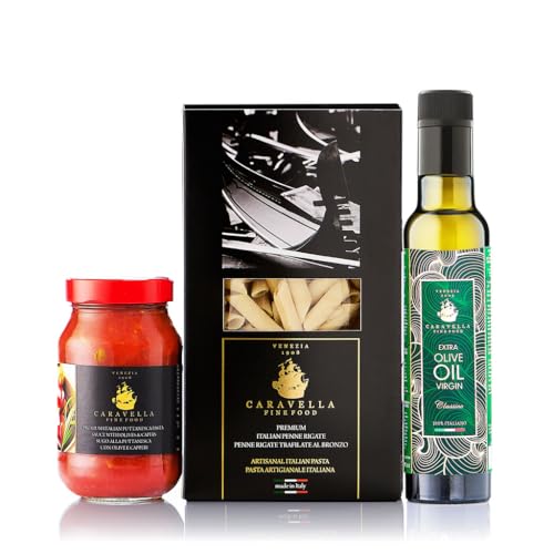 Caravella Fine Food Feinkost Geschenk Italienisches Delikatessen Penne Rigate Natives Olivenöl Extra "Classico" Puttanesca-Sauce 100% Natürliche Zutaten für Feiertage Geburtstage besondere Anlässe von CARAVELLA FINE FOOD