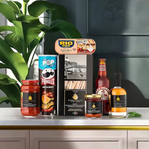 Caravella Fine Food – Italienisches Feinkost Geschenkset „Peperoncino“ – Chili Spaccatelli Pasta, Chili Olivenöl, Arrrabbiata Saucen, Burschetta-Chilisauce,Makrele in Olivenöl mit Chili, Bier, Snacks von CARAVELLA FINE FOOD