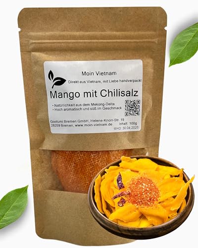 MOIN VIETNAM Soft Mango mit Chilisalz - Weich getrocknete Mangoscheiben mit Chilisalz aus Vietnam - Fruchtiger und exotischer Geschmack - Reich an Vitaminen - Vegan - Standbeutel 100g Dried Mango von CAVUMI