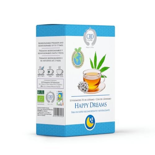 Bio-Hanf-Aufguss – Happy Dreams – 10 biologisch abbaubare Pyramiden | Hanfblätter, Baldrian, Lavendel und Kamille | natürliche entspannende Infusion für besseren Schlaf von CBD Cure