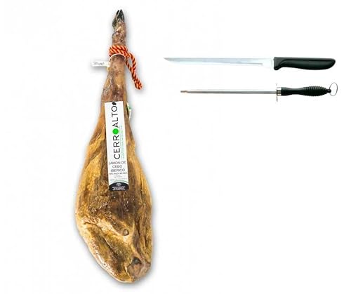 CERROALTO | Cebo Iberico-Schinken 50 % iberische Rasse | Gewicht von 7 bis 8 Kilo | + Kostenloses Messer und Spitzer von CERROALTO