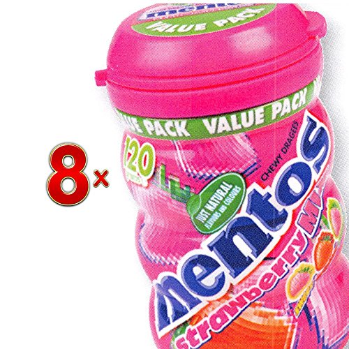 Mentos Chewy Strawberry Mix Bottle 8 x 120g Packung (Kaubonbon mit verschiedenem Erdbeergeschmack) von CFP Brands Süßwarenhandels