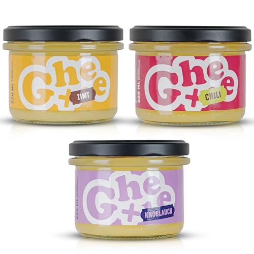 CG Ghee + Aromatisiertes Ghee 220ml | Chili, Knoblauch & Zimt | Ausgezeichnet mit dem Great Taste Zertifikat| Ideal zum Kochen, Backen, Braten und Grillen | 3er Set | 24 Monate haltbar CG Ghee + Aromatisiertes Ghee 220ml | Chili, Knoblauch & Zimt | Ausgezeichnet mit dem Great Taste Zertifikat| Ideal zum Kochen, Backen, Braten und Grillen | 3er Set | 24 Monate haltbar von CG