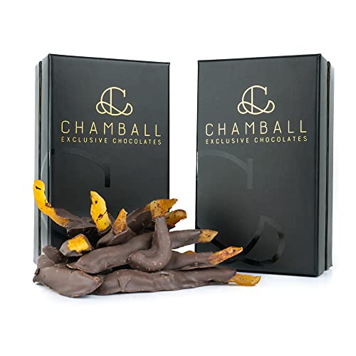 Chamball Orange · 2 x Schachteln mit kandierten Orangenbonbons, überzogen mit handwerklich hergestellter schwarzer Schokolade · Exklusiver Snack mit Orangengeschmack für die anspruchsvollsten Gaumen von CHAMBALL