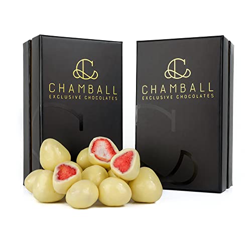 Nuevo Chamball-Erdbeeren 2x Schachteln mit gefriergetrockneten Erdbeer-Pralinen, eingetaucht in handwerklich hergestellte belgische weiße Schokolade. Exklusive Häppchen mit ausgewählten Erdbeeren. von CHAMBALL