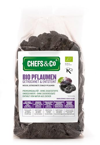 CHEFS & CO | Weiche Getrocknete Bio-Pflaumen (entsteint) | Bio-Trockenfrüchte | Ganze Früchte | Gesunder Snack | Vegan & Vitamine Erhalten | Ungezuckert, Ohne Zusatz von Zucker, Koscher Zertifiziert von CHEFS & CO