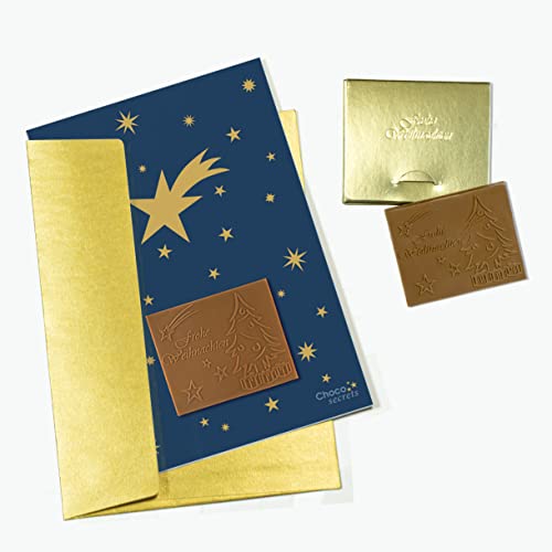 CHOCO SECRETS | 5 Weihnachtskarten mit geprägter „Frohe Weihnachten“ Schokolade inkl. Umschläge, in goldenen Schachteln | Grußkarten-Motiv Himmel mit goldenen Sternen | Umschläge in Gold CHOCO SECRETS | 5 Weihnachtskarten mit geprägter „Frohe Weihnachten“ Schokolade inkl. Umschläge, in goldenen Schachteln | Grußkarten-Motiv Himmel mit goldenen Sternen | Umschläge in Gold von CHOCO SECRETS