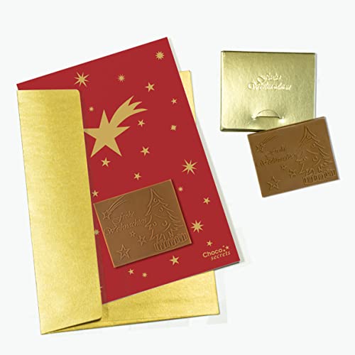 CHOCO SECRETS | 5 Weihnachtskarten mit geprägter „Frohe Weihnachten“ Schokolade inkl. Umschläge, in goldenen Schachteln | Grußkarten-Motiv Rot-Sterne | Umschläge in Gold CHOCO SECRETS | 5 Weihnachtskarten mit geprägter „Frohe Weihnachten“ Schokolade inkl. Umschläge, in goldenen Schachteln | Grußkarten-Motiv Rot-Sterne | Umschläge in Gold von CHOCO SECRETS