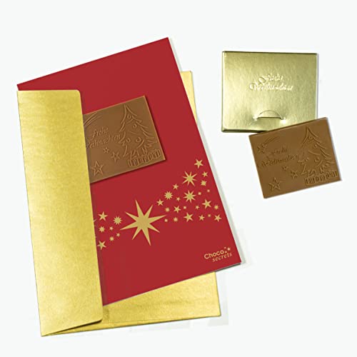 CHOCO SECRETS | 5 Weihnachtskarten mit geprägter „Frohe Weihnachten“ Schokolade inkl. Umschläge, in goldenen Schachteln | Grußkarten-Motiv Rot-Sternenband | Umschläge in Gold CHOCO SECRETS | 5 Weihnachtskarten mit geprägter „Frohe Weihnachten“ Schokolade inkl. Umschläge, in goldenen Schachteln | Grußkarten-Motiv Rot-Sternenband | Umschläge in Gold von CHOCO SECRETS